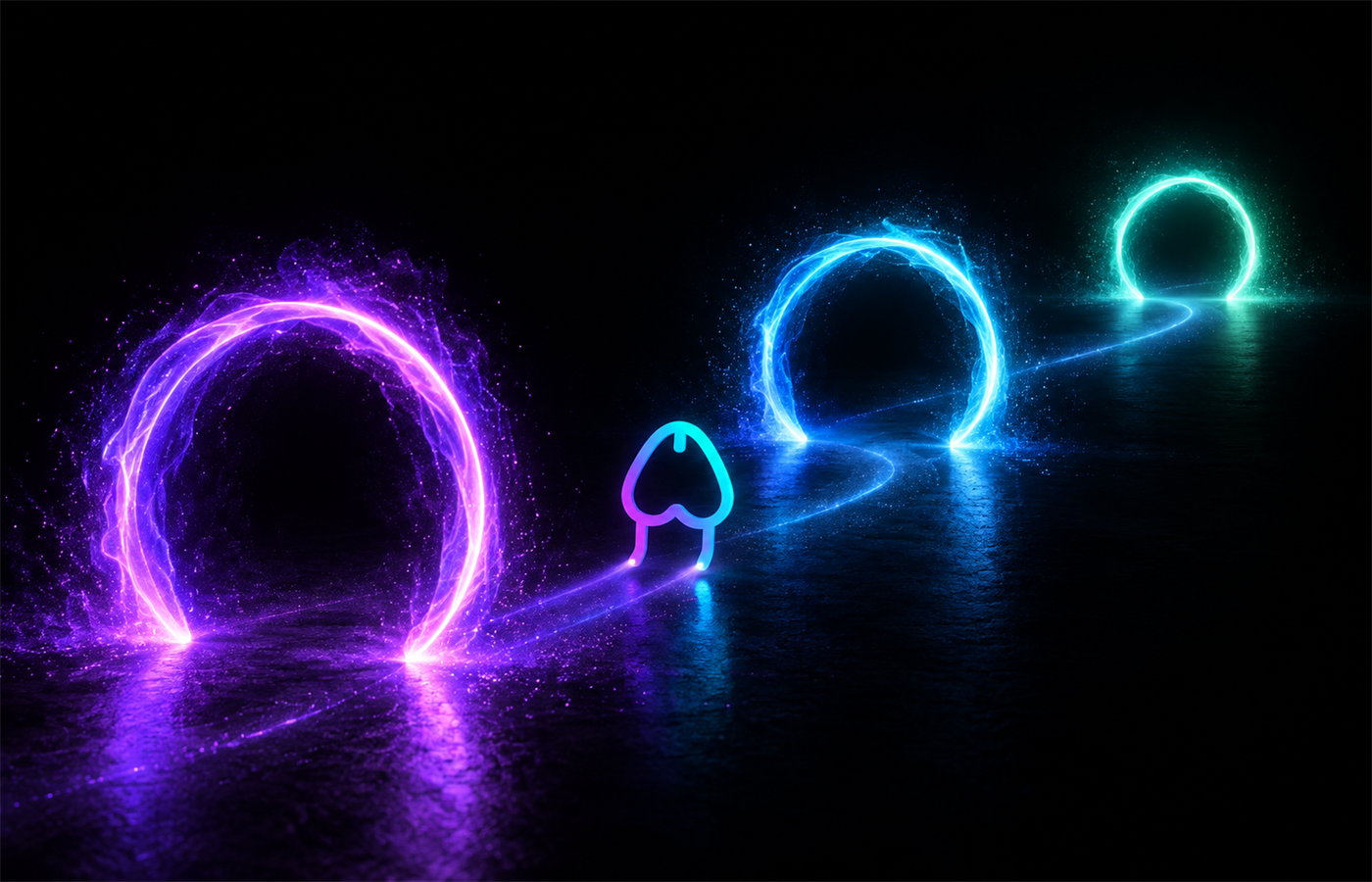 A TIPSOL creature moving through three glowing portals